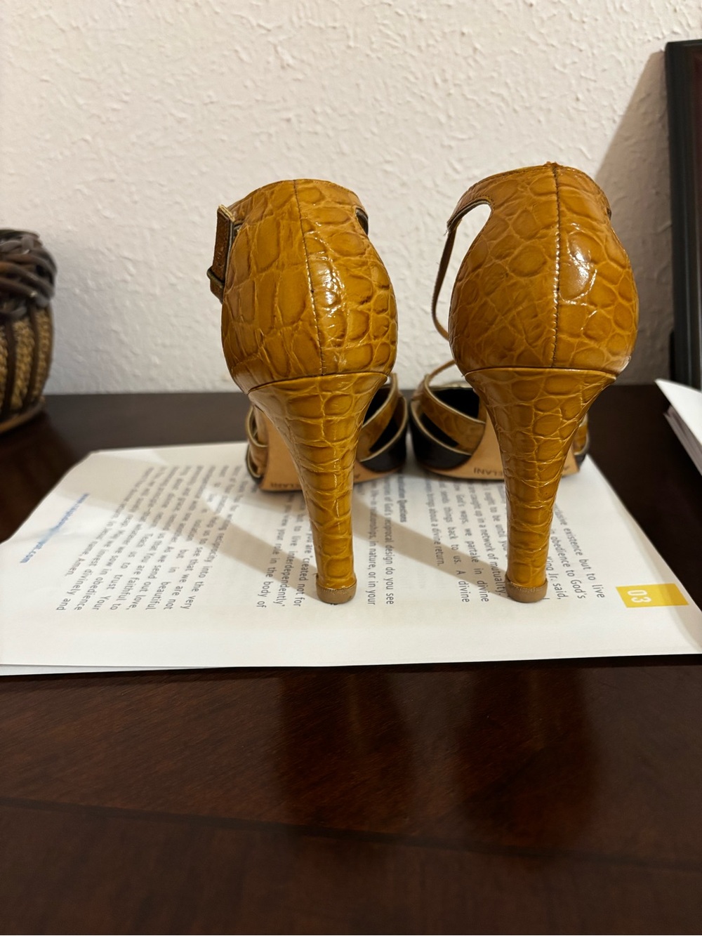 ANTONIO MELANI Brown & Mustard Croc-Embossed Strappy Heels - Picture 2 of 6